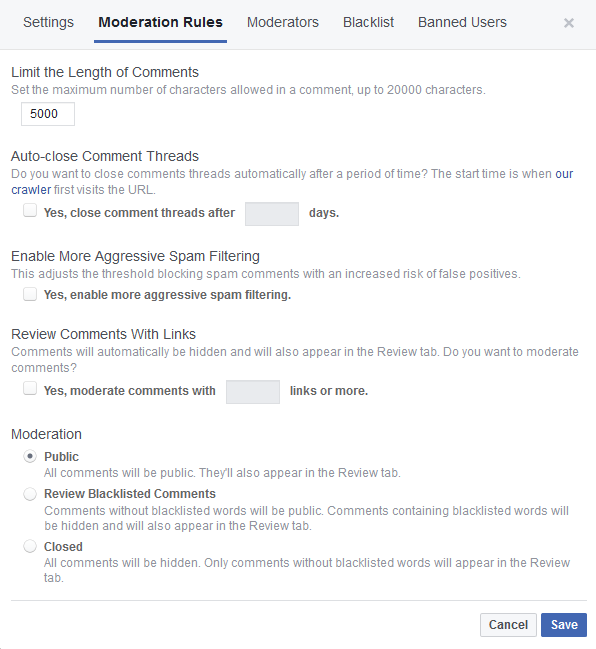 หน้า Moderation Rules ของ Facebook Comment moderation tool